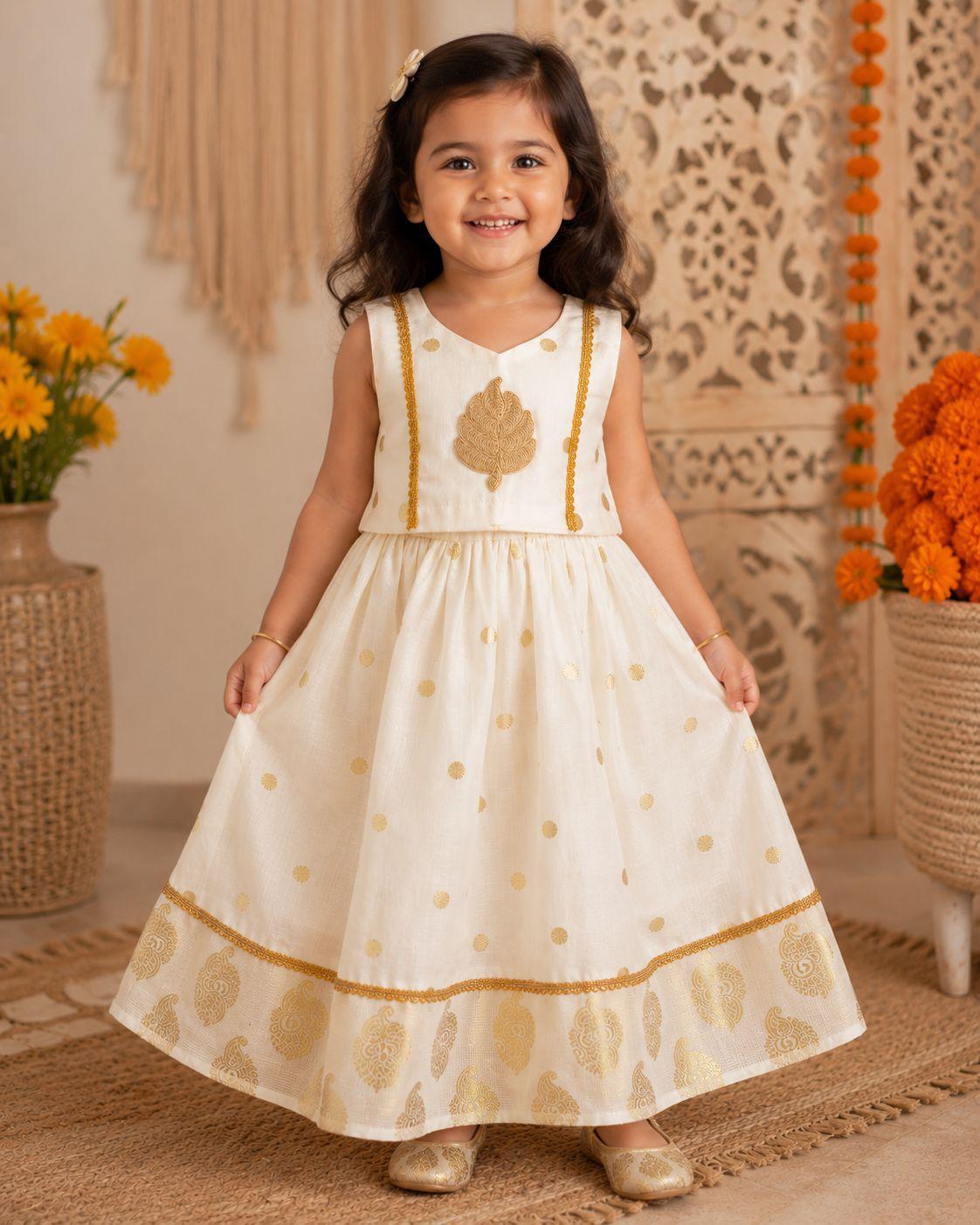 Kerala Kasavu Long Frock for Girls – Traditional Anarkali Style Festive Gown